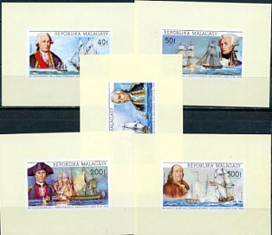 Малагаси, 200 лет США. Парусники. Флотоводцы. 1975, 5 люкс-блоков